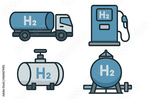 Hydrogen transportation and storage icon set. H2 fuel tanker truck, refueling station pump, and industrial storage tank. Clean green energy and technology vector icons.