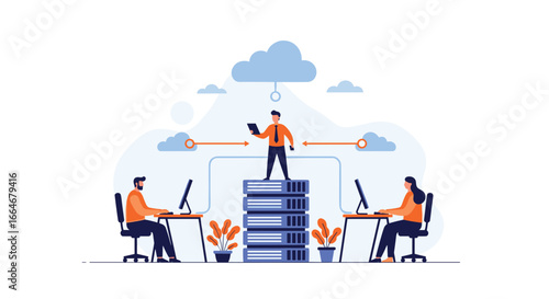 Cloud computing environment with servers and people working on computers across networks