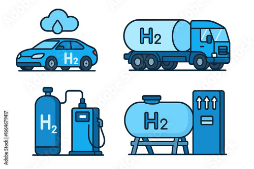 Hydrogen energy icon set. H2 gas fuel for car, truck transportation, and refueling station. Clean, green power technology concept. Alternative eco fuel vector illustration.