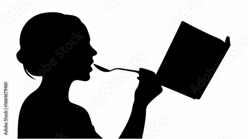 Silhouette of a woman eating with a spoon while reading a book in black and white illustration style