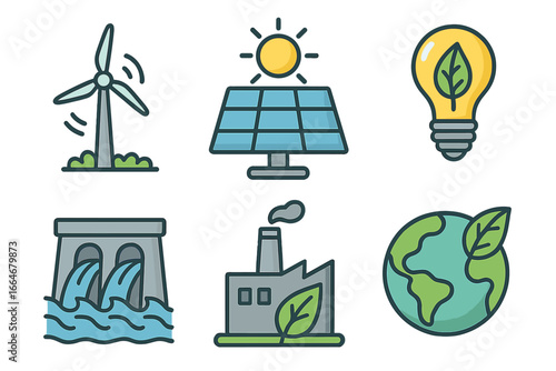Renewable energy icons illustrating diverse clean power sources and environmental sustainability concepts in modern cartoon style with transparent background, vector illustration