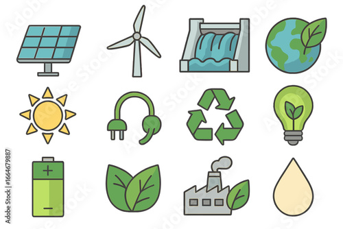 Renewable energy sources and sustainability icons set, solar, wind, hydro power, eco-friendly green energy symbols, environmental conservation concept, modern vector cartoon illustration