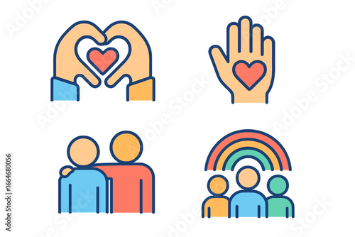 Symbols Representing Empathy, Support, Compassion, and Community Values in a Colorful Digital Vector Cartoon Illustration with Heart and Rainbow Elements, Set of 4 Icons