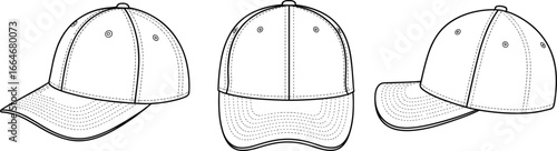 Baseball cap technical flat sketch vector illustration, front side back view template, fashion headwear design drawing, visor hat apparel outline