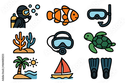 Underwater exploration symbols representing ocean life, scuba diving gear, tropical beach, sea creatures, coral reef, snorkeling and sailing activities in vibrant flat vector illustration
