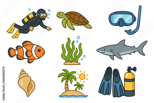 Underwater exploration symbols representing ocean life, marine animals, scuba diving gear, tropical beach island, and aquatic activities in colorful vector cartoon style