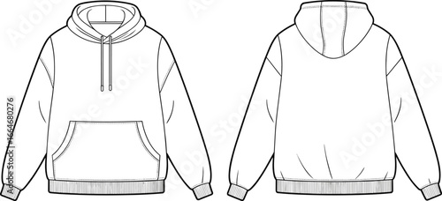 Blank hoodie template front and back view, fashion design vector illustration, casual streetwear sweatshirt outline, technical sketch, apparel mockup, clothing drawing, unisex