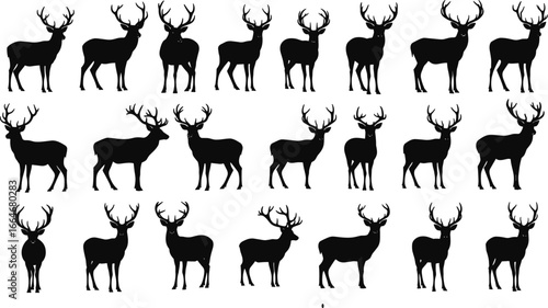 Stag silhouette collection, deer silhouettes in grid, antler variations, black vector art, forest wildlife shapes, white background, animal posture study