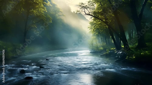 Serene river flowing through vibrant forest with sunlight streaming through trees, peaceful scene