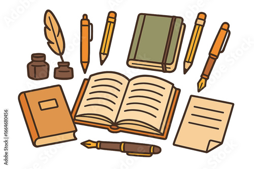 Various writing tools and literature items arranged creatively during a quiet afternoon, vector cartoon illustration with books, pens, pencils, ink, and paper on transparent background, ordered set