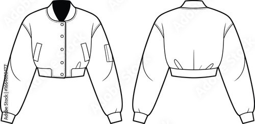 Bomber jacket flat sketch front and back view, cropped outerwear vector template, casual fashion garment technical drawing design illustration