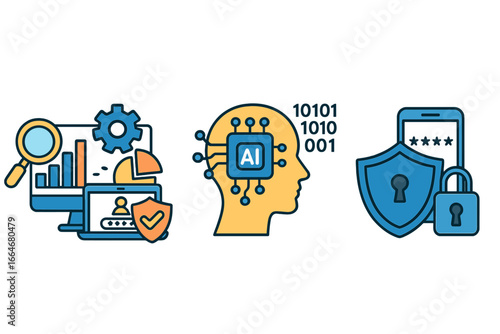 Digital technology concepts illustration including data analysis, artificial intelligence, cybersecurity, data protection, AI integration, secure digital networks in vector cartoon style