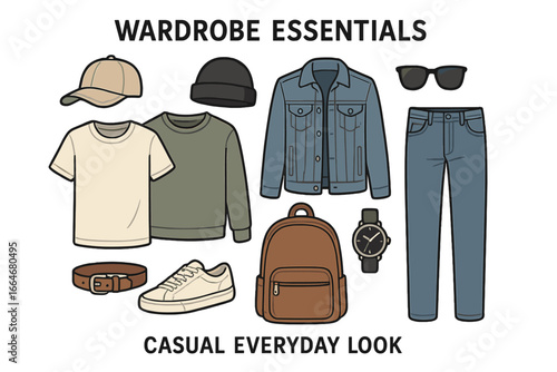 Wardrobe essentials featuring casual clothing, hats, shoes, backpacks, jackets, sunglasses, watches, and accessories for a stylish everyday look. Vector cartoon illustration on transparent background