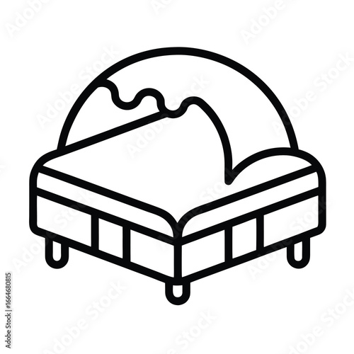 Outline icon of a bed with covers kicked off on a white background