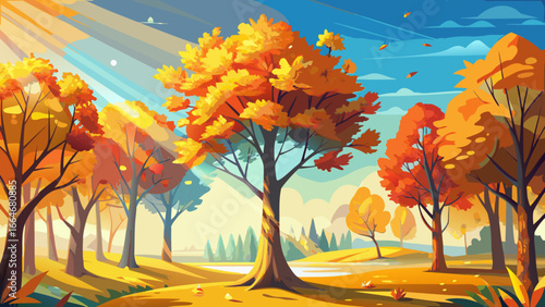 Autumn fall trees rise proudly against clear blue sky, radiant colors glowing warmly, sunlight embracing branches, vibrant hues whisper life, serene afternoon unfolds timelessly, harmony of change and