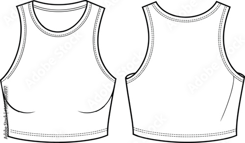 Cad drawing flat vector illustration, crop tank top template, front and back view, fashion sketch, clothing design, garment mockup, technical outline