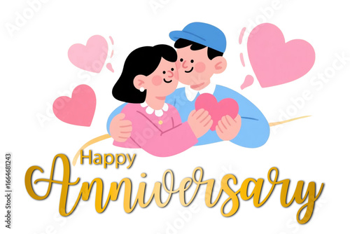 Cartoon couple hugging with hearts and “Happy Anniversary” typography.