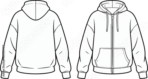 Front and back view of zip up hoodie with drawstring, fashion flat sketch, cad drawing, technical vector illustration for apparel design