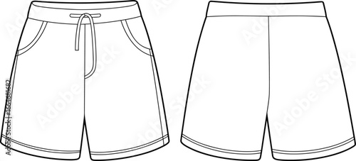 Men's shorts fashion template, front and back view, vector clothing mockup, editable outline sketch, casual apparel design, garment illustration, menswear