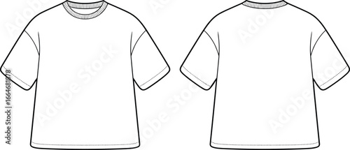 Oversized t-shirt vector template, front and back view, fashion flat sketch, blank white apparel design, clothing mockup, casual wear illustration, garment outline
