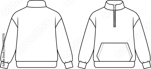 Unisex sweatshirt flat sketch front and back view, half zip pullover vector template, casual fashion garment technical drawing illustration