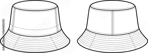 Vector fashion flat sketch, bucket hat technical drawing, front and back view, unisex headwear template, clothing accessory design outline, apparel illustration, hat mockup
