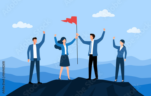 Successful winning team of businesspeople standing on top of mountain raising flag of victory while cheering. Reaching top and success concept.