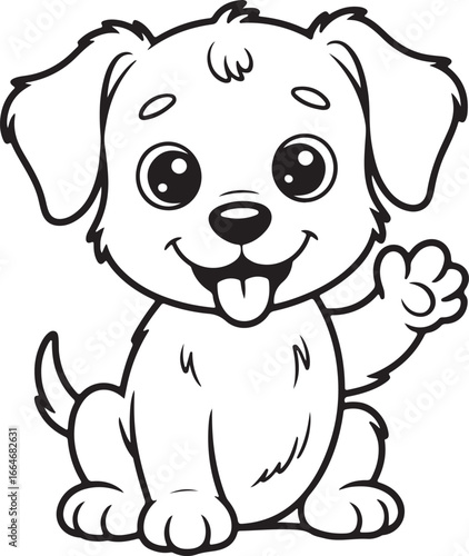 Adorable black and white line drawing of a happy puppy waving hello silhouette vector