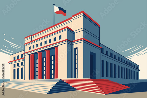 Central bank building exterior with national flag.