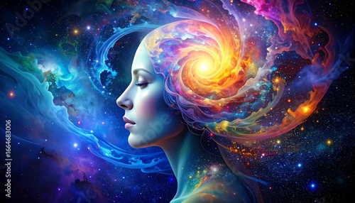 Woman's head engulfed in cosmic nebula, vibrant colors