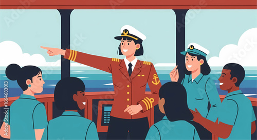 Crew Exploration: A ship captain showing the direction to her crew on a vessel, with a vibrant illustration of leadership and teamwork within a maritime setting where sea exploration is a key activity