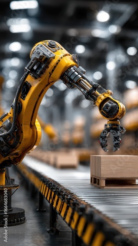 Industrial robotic arm at work on conveyor belt in automated warehouse
