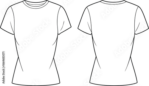 Women's fitted t-shirt flat sketch, front and back view, vector fashion template, CAD apparel drawing, minimalist clothing design, technical illustration