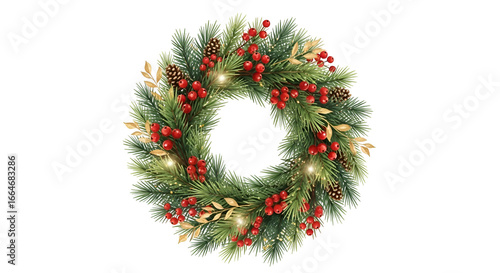Christmas Wreath with Pine Branches Red Berries Gold Accents and Lights on Transparent Background