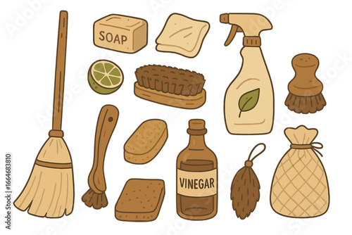 Eco-friendly cleaning tools set. Natural household products for zero waste lifestyle. Sustainable cleaning supplies illustration. Vinegar, soap, brush, sponge, broom vector kit.