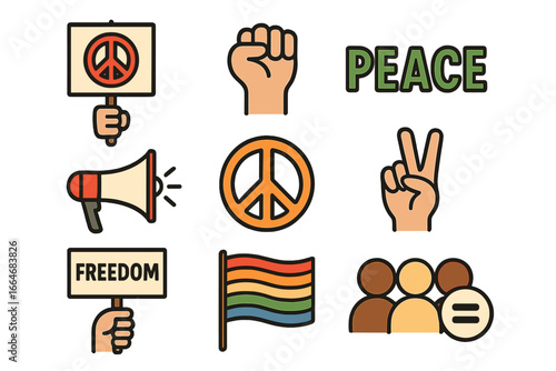 Activism and protest vector icon set. Peace, freedom, and equality concept symbols. Cartoon illustration collection for social justice, human rights, and LGBTQ pride movement.