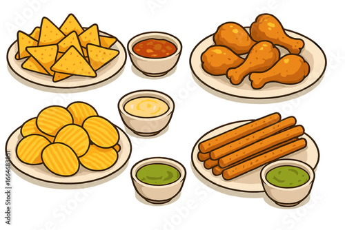 Snack food vector set. Cartoon finger food illustration. Nachos with salsa, potato chips, fried chicken drumsticks, breadsticks with dip. Fast food appetizer collection.