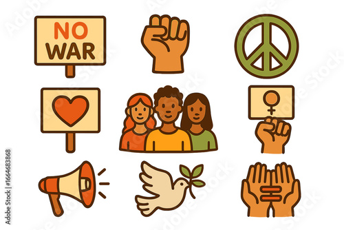 Activism and social justice icon set. Vector concepts of protest, peace, freedom, and equality. Human rights, feminism, and diversity symbols like raised fist and peace sign.