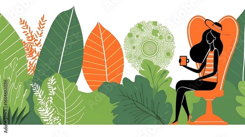 Cozy Woman in Hat Sipping Drink Surrounded by Tropical Greenery and Leaves