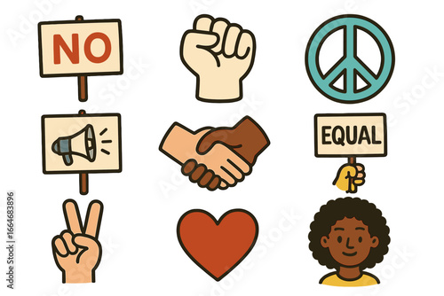 Activism and social justice icon set. Vector illustrations of protest, peace, freedom, equality, and human rights. Raised fist, peace symbol, and interracial handshake signs.
