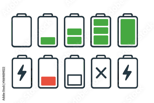 Battery charge level indicator icon set. Collection of status symbols. Full, half, low and empty power bar. Energy loading, charging progress and error sign. Vector UI element.