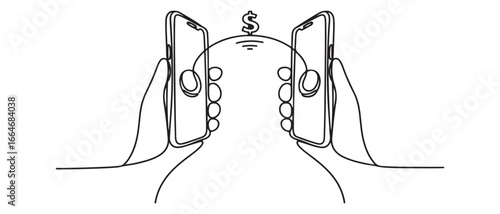 Single one line drawing transfer money between smartphones. Bank concept. Continuous line draw design graphic vector illustration. Vector black silhouette. with white background