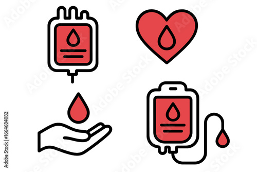 Blood donation icon set vector illustration. Blood bag, drop, heart, hand symbols. Medical healthcare concept for transfusion, charity, hospital emergency, life saving aid.