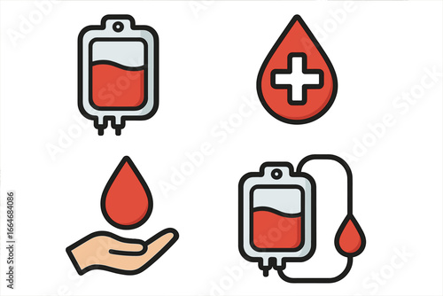 Blood bag and transfusion icon set for medical and healthcare design. Vector symbols for blood donation, charity, and emergency concepts. Life saving volunteer aid illustration.
