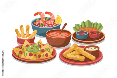 Vibrant vector illustration showcasing a variety of traditional Mexican appetizers and snacks like nachos and ceviche, a festive food feast.
