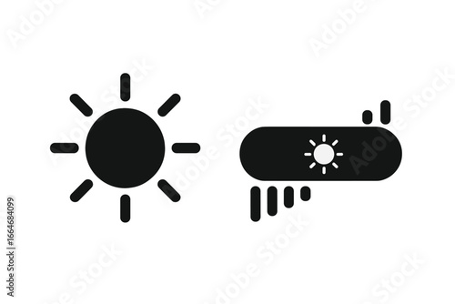 Brightness control icon set. Adjust screen light level with a slider bar. Sun symbol for display settings. UI UX element for app interface. Vector graphic for light and dark mode.