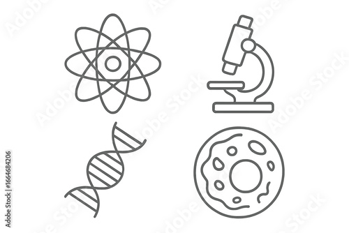 Science and biology research vector line icon set. Atom for physics, microscope, DNA for genetics, and cell. Outline symbols for laboratory, medical, and biotechnology concepts.