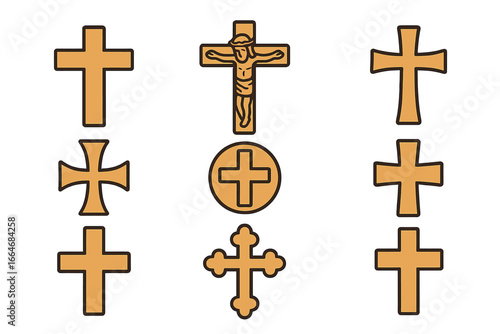Christian cross icons set. Crucifix and various religious symbols collection. Faith, spirituality, christianity concept. God, Jesus, holy sign. Church, catholic, orthodox.
