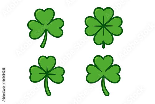 Clover luck icon collection. Set of three-leaf shamrock and lucky four-leaf clover signs. Green plant logo for St. Patrick's day. Cartoon vector illustration on white background.