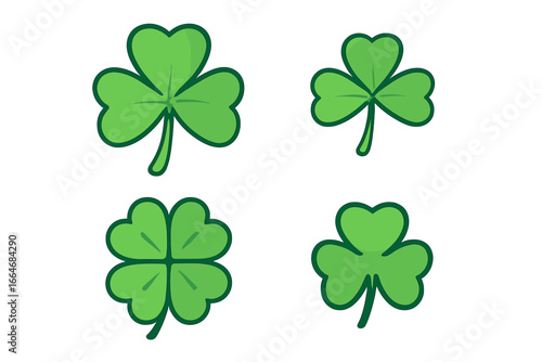 Clover luck icon set. Four leaf clover for good luck and shamrock collection. St Patrick's Day graphic elements. Irish symbol of fortune. Simple green leaf vector logo sign.